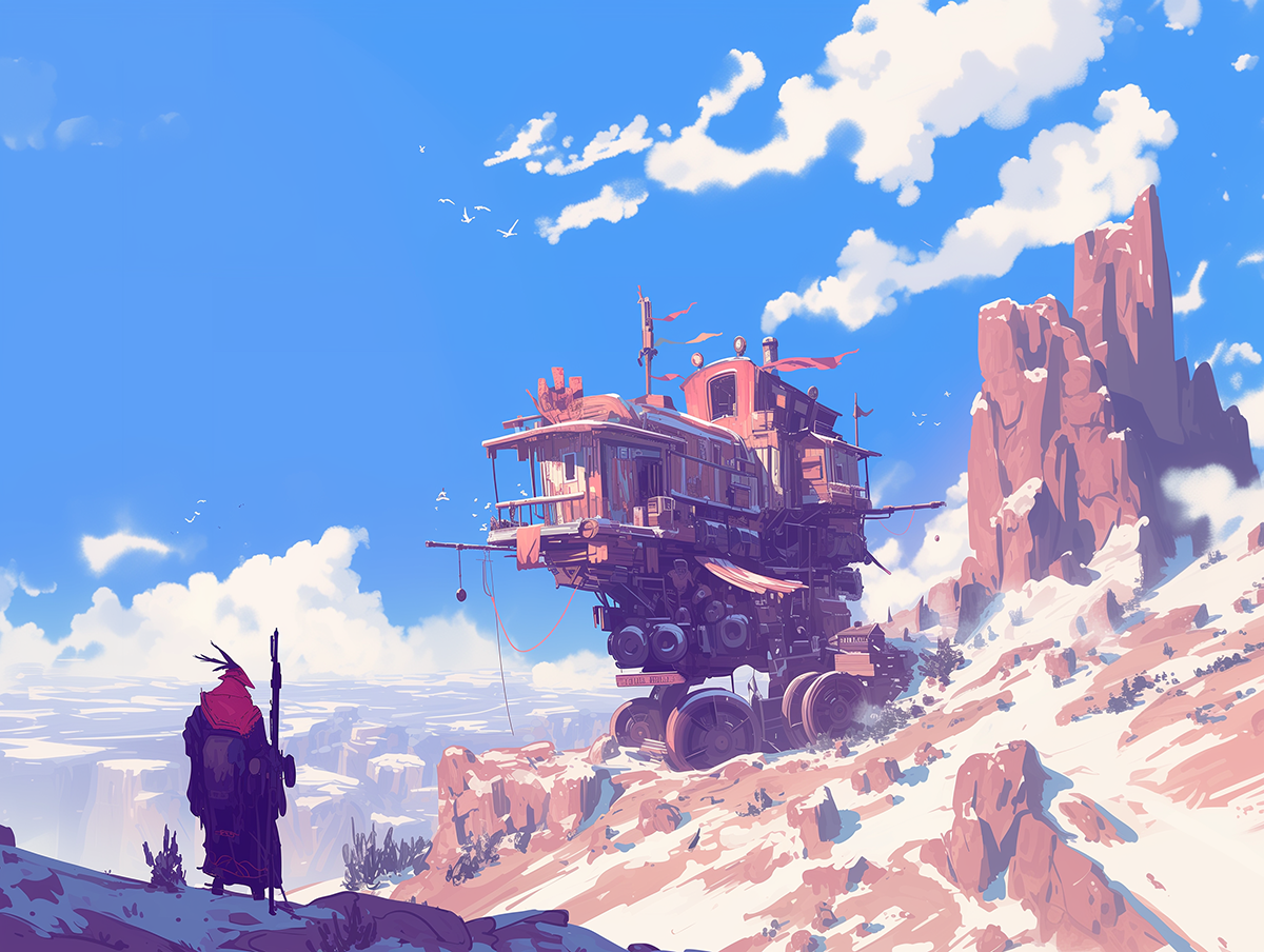 Project Caravan Concept Art: A wagon traversing a dark, atmospheric procedural landscape